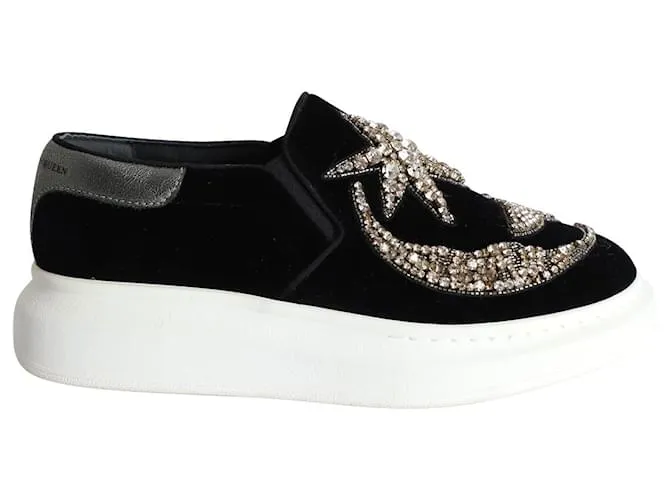 Alexander McQueen Zapatillas Slip-On con Adornos de Cristal en Terciopelo Negro 