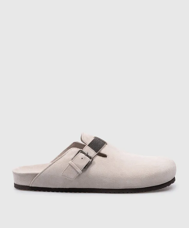 Brunello Cucinelli Gray suede mules with monil chain