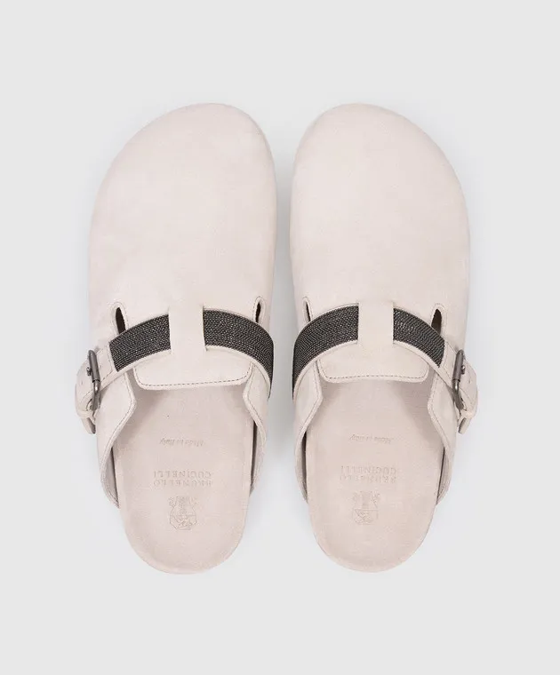 Brunello Cucinelli Gray suede mules with monil chain