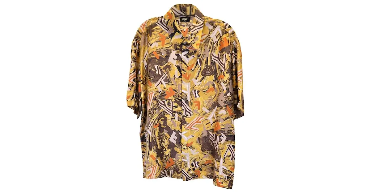 Camisa con estampado de fragmentos Fendi en seda amarilla Amarillo 