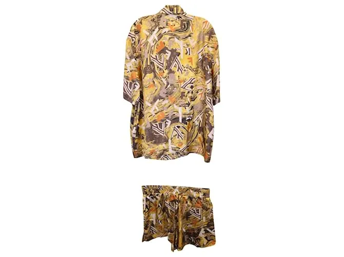 Camisa con estampado de fragmentos Fendi en seda amarilla Amarillo 
