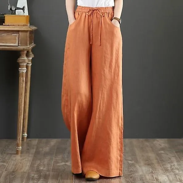 Cotton Linen- Wide Leg High-waist, Long Straight Pants With Pockets