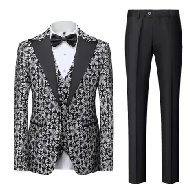 Men's 3 Piece Casual Cross Printed Peaked Lapel Slim Suit Set