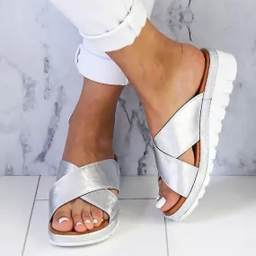 Mujer Plataforma de verano Sandalias Cross Slip-on Zapatillas Sliders Summer Beach Flat Shoes
