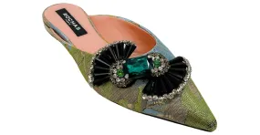 Mules Jacquard Verde / Azul Rochas con Embellecimientos de Cristal 