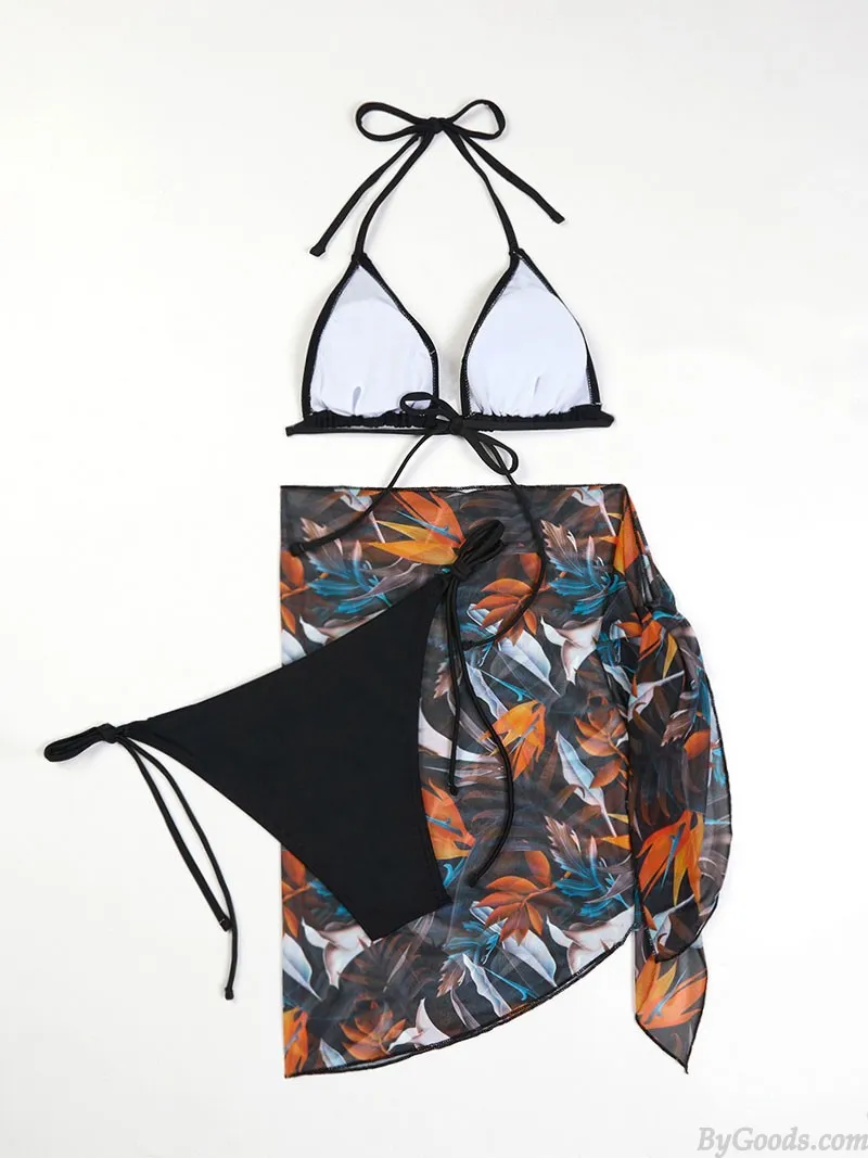 Sexy Leopard Sunflower Love Heart Leaf Print Skirt Solid Color Deep V Bathing Suit 3 Piece Swimsuits Beach Strap Vacation Summer