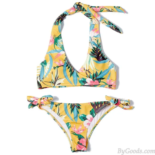 Sexy Yellow Flower Leaves Women Sling Bikinis Swimsuit