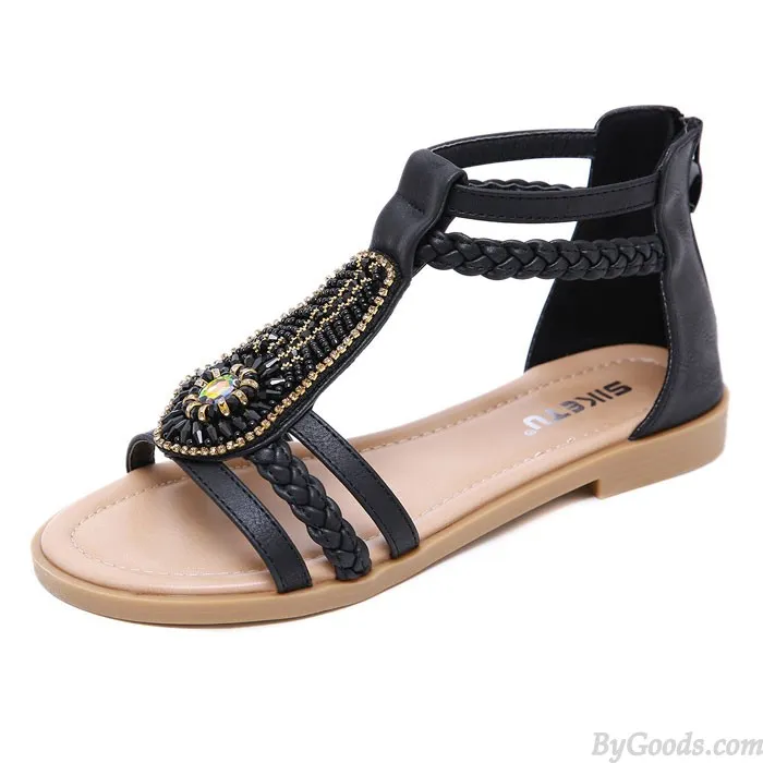 Vintage Bohemia Beaded Zipper Rhinestone Summer Flats Women's Shoes Roman Sandals