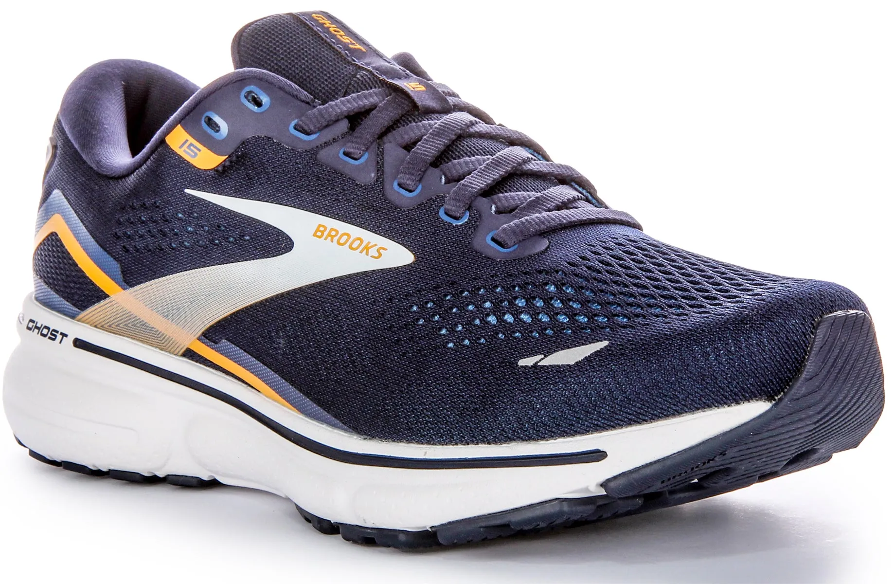 Zapatillas Brooks Ghost 15 de malla con soporte neutro y amortiguación suave para hombre en azul marino.